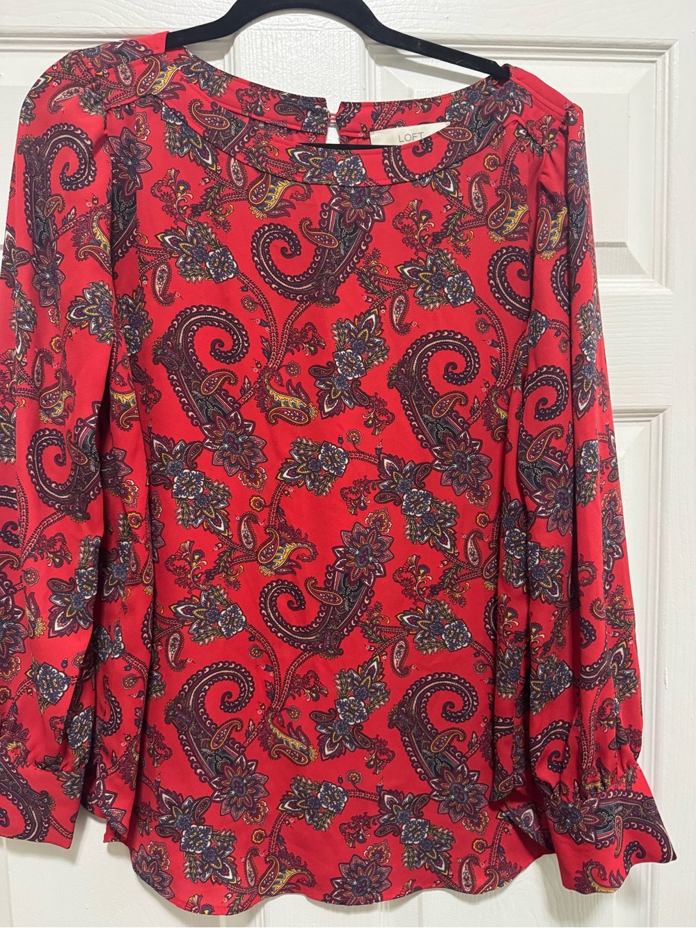 LOFT Red Paisley Long Sleeve Blouse with Floral Accents